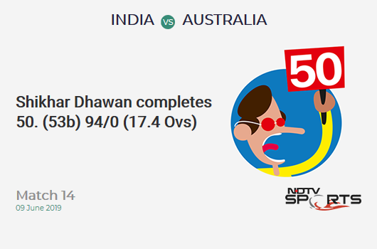 IND vs AUS: Match 14: FIFTY! Shikhar Dhawan completes 50 (53b, 7x4, 0x6). भारत 94/0 (17.4 Ovs). CRR: 5.32