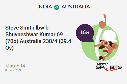 IND vs AUS: Match 14: WICKET! Steve Smith lbw b Bhuvneshwar Kumar 69 (70b, 5x4, 1x6). ऑस्ट्रेलिया 238/4 (39.4 Ov). Target: 353; RRR: 11.13