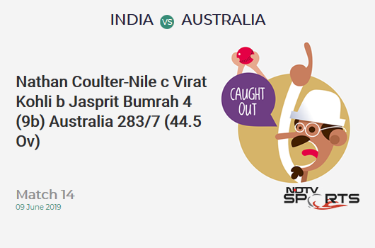 IND vs AUS: Match 14: WICKET! Nathan Coulter-Nile c Virat Kohli b Jasprit Bumrah 4 (9b, 0x4, 0x6). ऑस्ट्रेलिया 283/7 (44.5 Ov). Target: 353; RRR: 13.55