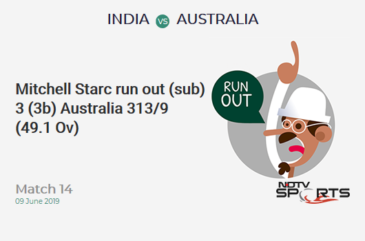 IND vs AUS: Match 14: WICKET! Mitchell Starc run out (sub) 3 (3b, 0x4, 0x6). ऑस्ट्रेलिया 313/9 (49.1 Ov). Target: 353; RRR: 48