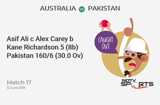 AUS vs PAK: Match 17: WICKET! Asif Ali c Alex Carey b Kane Richardson 5 (8b, 0x4, 0x6). पाकिस्तान 160/6 (30.0 Ov). Target: 308; RRR: 7.40