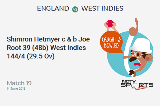 ENG vs WI: Match 19: WICKET! Shimron Hetmyer c & b Joe Root 39 (48b, 4x4, 0x6). वेस्ट इंडीज 144/4 (29.5 Ov). CRR: 4.82