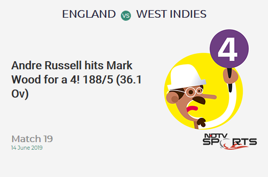 ENG vs WI: Match 19: Andre Russell hits Mark Wood for a 4! West Indies 188/5 (36.1 Ov). CRR: 5.19