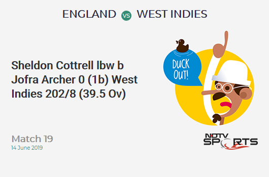 ENG vs WI: Match 19: WICKET! Sheldon Cottrell lbw b Jofra Archer 0 (1b, 0x4, 0x6). वेस्ट इंडीज 202/8 (39.5 Ov). CRR: 5.07