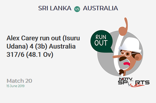 SL vs AUS: Match 20: WICKET! Alex Carey run out (Isuru Udana) 4 (3b, 0x4, 0x6). ऑस्ट्रेलिया 317/6 (48.1 Ov). CRR: 6.58