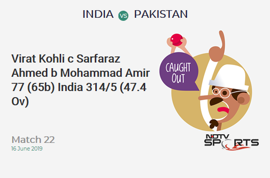 IND vs PAK: Match 22: WICKET! Virat Kohli c Sarfaraz Ahmed b Mohammad Amir 77 (65b, 7x4, 0x6). भारत 314/5 (47.4 Ov). CRR: 6.58