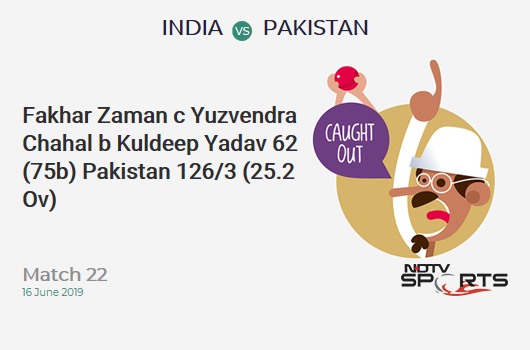 IND vs PAK: Match 22: WICKET! Fakhar Zaman c Yuzvendra Chahal b Kuldeep Yadav 62 (75b, 7x4, 1x6). पाकिस्तान 126/3 (25.2 Ov). Target: 337; RRR: 8.55