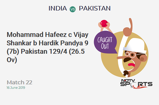 IND vs PAK: Match 22: WICKET! Mohammad Hafeez c Vijay Shankar b Hardik Pandya 9 (7b, 0x4, 1x6). पाकिस्तान 129/4 (26.5 Ov). Target: 337; RRR: 8.98