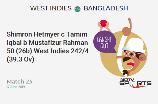 WI vs BAN: Match 23: WICKET! Shimron Hetmyer c Tamim Iqbal b Mustafizur Rahman 50 (26b, 4x4, 3x6). वेस्ट इंडीज 242/4 (39.3 Ov). CRR: 6.12