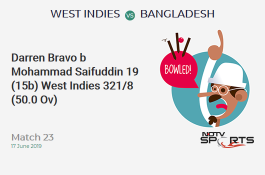 WI vs BAN: Match 23: WICKET! Darren Bravo b Mohammad Saifuddin 19 (15b, 0x4, 2x6). वेस्ट इंडीज 321/8 (50.0 Ov). CRR: 6.42