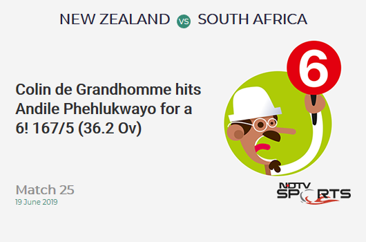 NZ vs SA: Match 25: It's a SIX! Colin de Grandhomme hits Andile Phehlukwayo. New Zealand 167/5 (36.2 Ov). Target: 242; RRR: 5.92