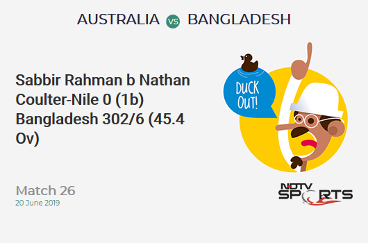 AUS vs BAN: Match 26: WICKET! Sabbir Rahman b Nathan Coulter-Nile 0 (1b, 0x4, 0x6). बांग्लादेश 302/6 (45.4 Ov). Target: 382; RRR: 18.46