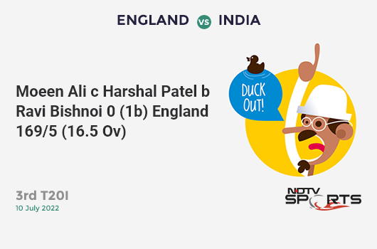 ENG vs IND: 3rd T20I: WICKET! Moeen Ali c Harshal Patel b Ravi Bishnoi 0 (1b, 0x4, 0x6). ENG 169/5 (16.5 Ov). CRR: 10.04
