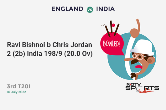 ENG vs IND: 3rd T20I: WICKET! Ravi Bishnoi b Chris Jordan 2 (2b, 0x4, 0x6). IND 198/9 (20.0 Ov). Target: 216; CRR: 9.9