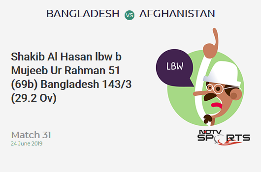 BAN vs AFG: Match 31: WICKET! Shakib Al Hasan lbw b Mujeeb Ur Rahman 51 (69b, 1x4, 0x6). बांग्लादेश 143/3 (29.2 Ov). CRR: 4.87