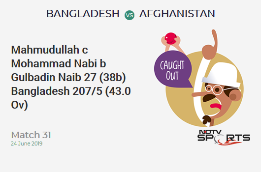 BAN vs AFG: Match 31: WICKET! Mahmudullah c Mohammad Nabi b Gulbadin Naib 27 (38b, 2x4, 0x6). बांग्लादेश 207/5 (43.0 Ov). CRR: 4.81