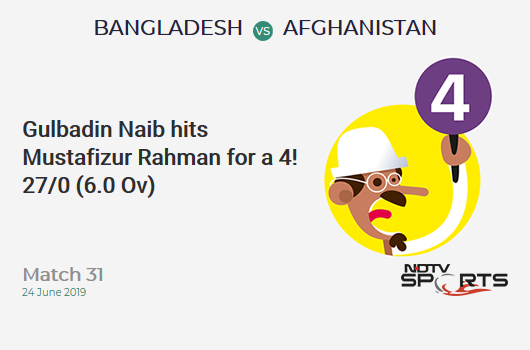 BAN vs AFG: Match 31: Gulbadin Naib hits Mustafizur Rahman for a 4! Afghanistan 27/0 (6.0 Ov). Target: 263; RRR: 5.36