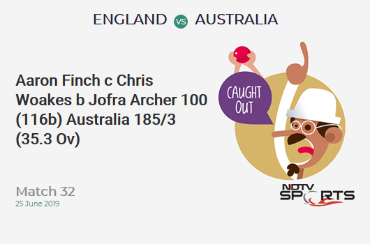 ENG vs AUS: Match 32: WICKET! Aaron Finch c Chris Woakes b Jofra Archer 100 (116b, 11x4, 2x6). ऑस्ट्रेलिया 185/3 (35.3 Ov). CRR: 5.21