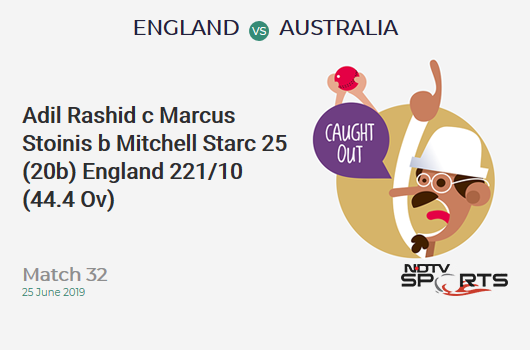 ENG vs AUS: Match 32: WICKET! Adil Rashid c Marcus Stoinis b Mitchell Starc 25 (20b, 3x4, 1x6). England 221/10 (44.4 Ov). Target: 286; RRR: 12.19