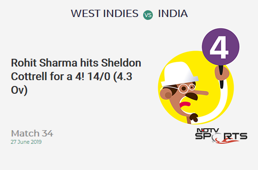 WI vs IND: Match 34: Rohit Sharma hits Sheldon Cottrell for a 4! India 14/0 (4.3 Ov). CRR: 3.11