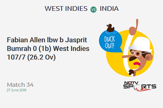 WI vs IND: Match 34: WICKET! Fabian Allen lbw b Jasprit Bumrah 0 (1b, 0x4, 0x6). वेस्ट इंडीज 107/7 (26.2 Ov). Target: 269; RRR: 6.85