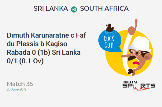 SL vs SA: Match 35: WICKET! Dimuth Karunaratne c Faf du Plessis b Kagiso Rabada 0 (1b, 0x4, 0x6). श्रीलंका 0/1 (0.1 Ov). CRR: 0