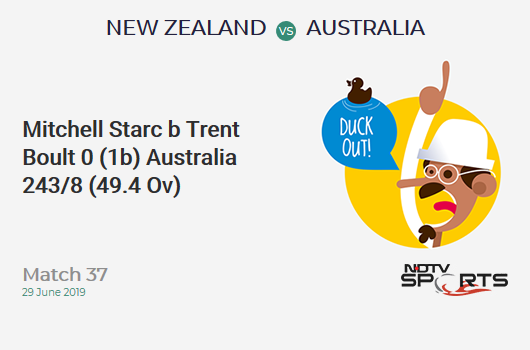 NZ vs AUS: Match 37: WICKET! Mitchell Starc b Trent Boult 0 (1b, 0x4, 0x6). ऑस्ट्रेलिया 243/8 (49.4 Ov). CRR: 4.89