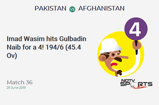 PAK vs AFG: Match 36: Imad Wasim hits Gulbadin Naib for a 4! Pakistan 194/6 (45.4 Ov). Target: 228; RRR: 7.85