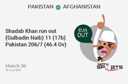 PAK vs AFG: Match 36: WICKET! Shadab Khan run out (Gulbadin Naib) 11 (17b, 1x4, 0x6). पाकिस्तान 206/7 (46.4 Ov). Target: 228; RRR: 6.6