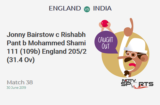 ENG vs IND: Match 38: WICKET! Jonny Bairstow c Rishabh Pant b Mohammed Shami 111 (109b, 10x4, 6x6). इंग्लैंड 205/2 (31.4 Ov). CRR: 6.47