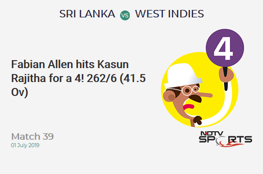 SL vs WI: Match 39: Fabian Allen hits Kasun Rajitha for a 4! West Indies 262/6 (41.5 Ov). Target: 339; RRR: 9.43