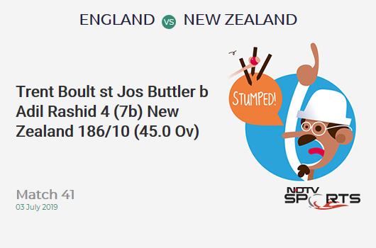 ENG vs NZ: Match 41: WICKET! Trent Boult st Jos Buttler b Adil Rashid 4 (7b, 1x4, 0x6). New Zealand 186/10 (45.0 Ov). Target: 306; RRR: 24