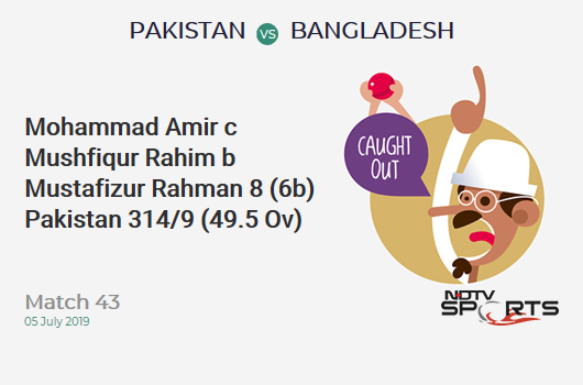 PAK vs BAN: Match 43: WICKET! Mohammad Amir c Mushfiqur Rahim b Mustafizur Rahman 8 (6b, 1x4, 0x6). पाकिस्तान 314/9 (49.5 Ov). CRR: 6.30