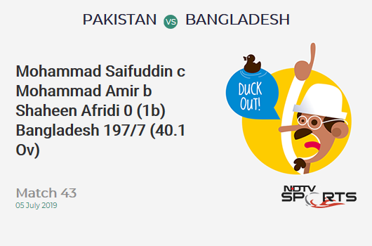 PAK vs BAN: Match 43: WICKET! Mohammad Saifuddin c Mohammad Amir b Shaheen Afridi 0 (1b, 0x4, 0x6). बांग्लादेश 197/7 (40.1 Ov). Target: 316; RRR: 12.10