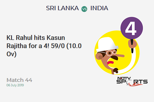 SL vs IND: Match 44: KL Rahul hits Kasun Rajitha for a 4! India 59/0 (10.0 Ov). Target: 265; RRR: 5.15