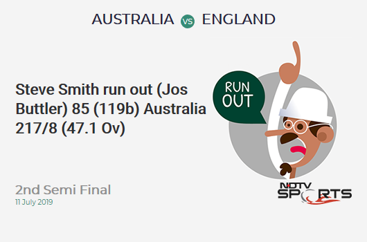 AUS vs ENG: 2nd Semi Final: WICKET! Steve Smith run out (Jos Buttler) 85 (119b, 6x4, 0x6). ऑस्ट्रेलिया 217/8 (47.1 Ov). CRR: 4.60