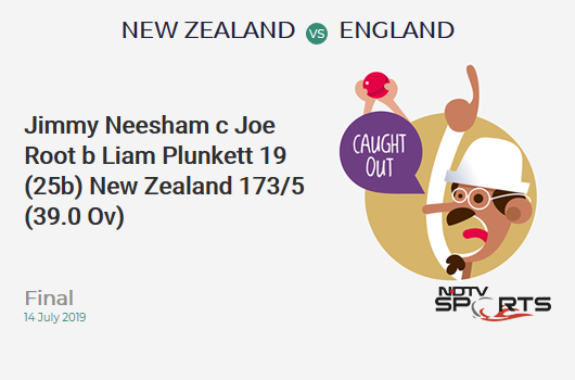 NZ vs ENG: Final: WICKET! Jimmy Neesham c Joe Root b Liam Plunkett 19 (25b, 3x4, 0x6). न्यूजीलैंड 173/5 (39.0 Ov). CRR: 4.43