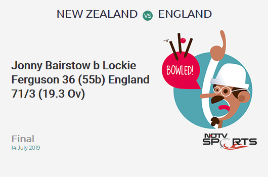 NZ vs ENG: Final: WICKET! Jonny Bairstow b Lockie Ferguson 36 (55b, 7x4, 0x6). इंग्लैंड 71/3 (19.3 Ov). Target: 242; RRR: 5.61