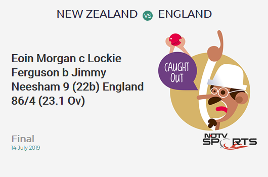 NZ vs ENG: Final: WICKET! Eoin Morgan c Lockie Ferguson b Jimmy Neesham 9 (22b, 0x4, 0x6). इंग्लैंड 86/4 (23.1 Ov). Target: 242; RRR: 5.81