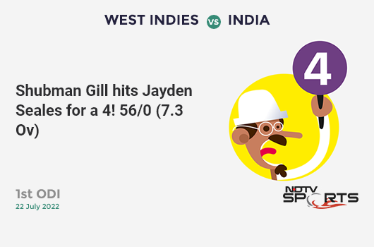 WI vs IND: 1st ODI: Shubman Gill hits Jayden Seales for a 4! IND 56/0 (7.3 Ov). CRR: 7.47