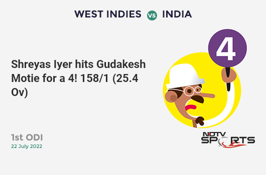 WI vs IND: 1st ODI: Shreyas Iyer hits Gudakesh Motie for a 4! IND 158/1 (25.4 Ov). CRR: 6.16