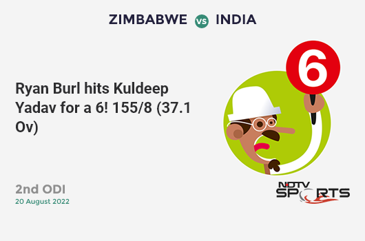 ZIM vs IND: 2nd ODI: It's a SIX! Ryan Burl hits Kuldeep Yadav. ZIM 155/8 (37.1 Ov). CRR: 4.17