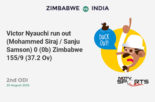 ZIM vs IND: 2nd ODI: WICKET! Victor Nyauchi run out (Mohammed Siraj / Sanju Samson) 0 (0b, 0x4, 0x6). ZIM 155/9 (37.2 Ov). CRR: 4.15