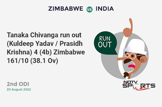 ZIM vs IND: 2nd ODI: WICKET! Tanaka Chivanga run out (Kuldeep Yadav / Prasidh Krishna) 4 (4b, 1x4, 0x6). ZIM 161/10 (38.1 Ov). CRR: 4.22