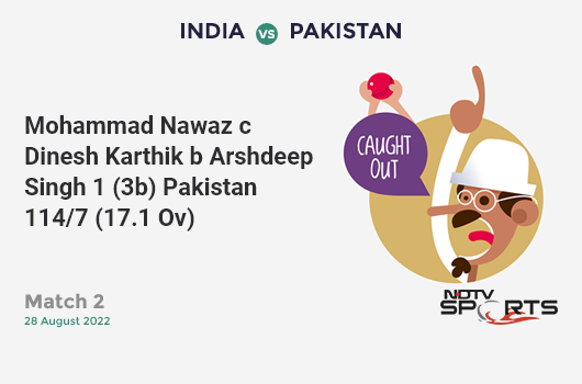 IND vs PAK: Match 2: WICKET! Mohammad Nawaz c Dinesh Karthik b Arshdeep Singh 1 (3b, 0x4, 0x6). PAK 114/7 (17.1 Ov). CRR: 6.64