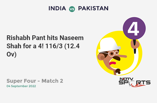 IND vs PAK: Super Four - Match 2: Rishabh Pant hits Naseem Shah for a 4! IND 116/3 (12.4 Ov). CRR: 9.16