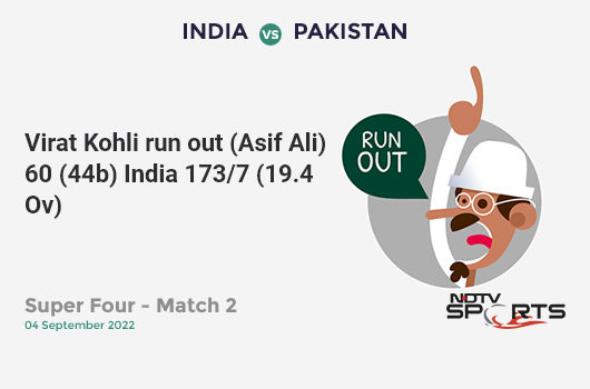 IND vs PAK: Super Four - Match 2: WICKET! Virat Kohli run out (Asif Ali) 60 (44b, 4x4, 1x6). IND 173/7 (19.4 Ov). CRR: 8.8