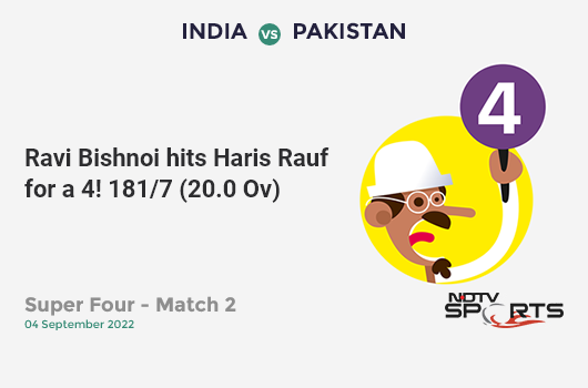 IND vs PAK: Super Four - Match 2: Ravi Bishnoi hits Haris Rauf for a 4! IND 181/7 (20.0 Ov). CRR: 9.05