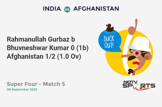 IND vs AFG: Super Four - Match 5: WICKET! Rahmanullah Gurbaz b Bhuvneshwar Kumar 0 (1b, 0x4, 0x6). AFG 1/2 (1.0 Ov). Target: 213; RRR: 11.16