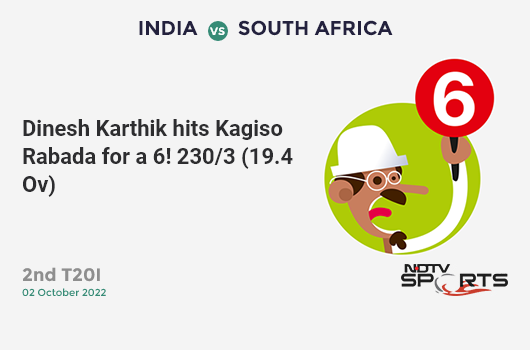 IND vs SA: 2nd T20I: It's a SIX! Dinesh Karthik hits Kagiso Rabada. IND 230/3 (19.4 Ov). CRR: 11.69